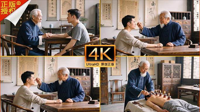 传统老中医师诊所望闻问切 把脉开药拔火罐
