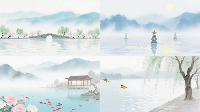 水墨西湖十景曲苑风荷雷峰夕照南屏晚钟苏堤