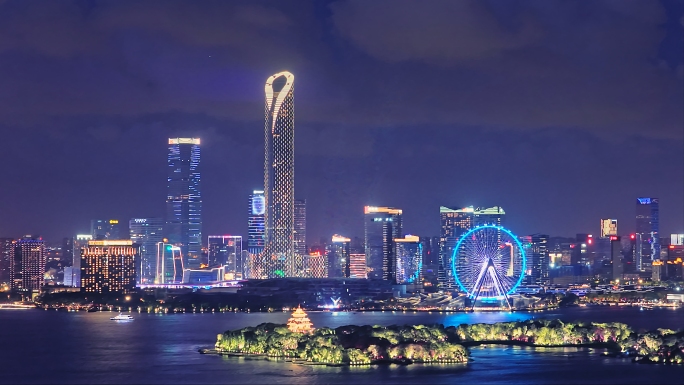 航拍苏州金鸡湖日落夜景