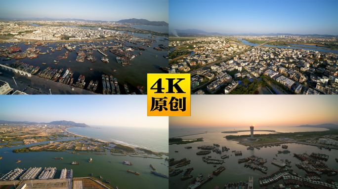 海南崖州西海滩渔船城市建筑群航拍2