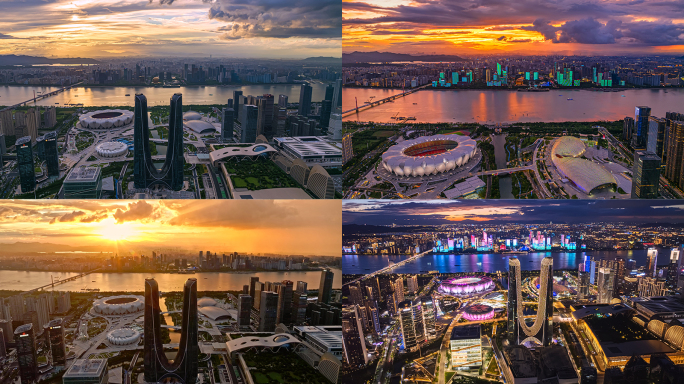 杭州奥体中心全景极品水晶天航拍延时