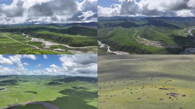 航拍草原河流风光 绿色草原川西高原草场