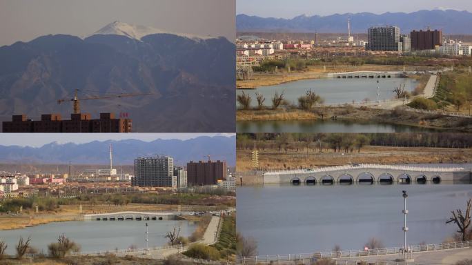 城市远景与山脉风光