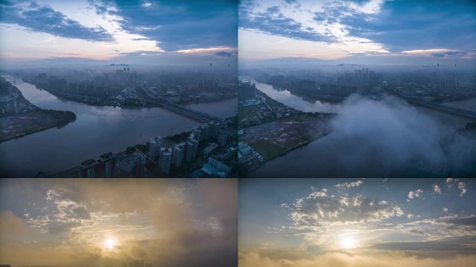 广州清晨日出延时雨雾缭绕