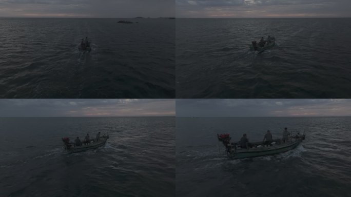 航拍威海影视城海湾渔船海面航行出海作业