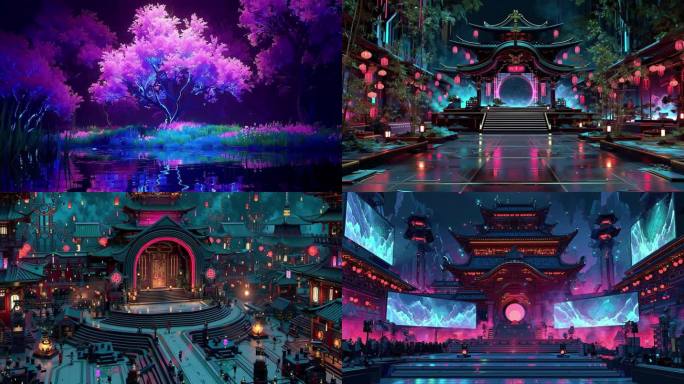 霓虹灯紫藤花古建筑赛博朋克风东方古城夜景