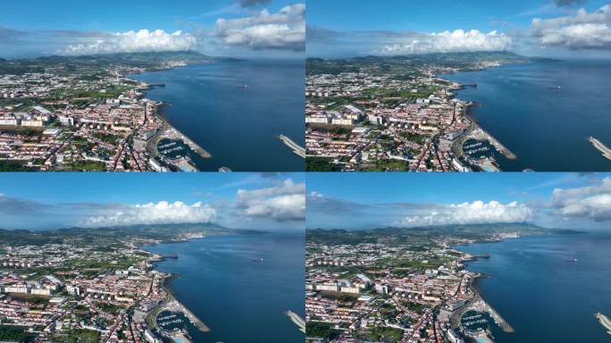 Ponta Delgada的海岸空中视角和城市布局