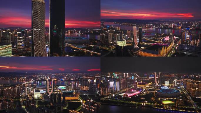 杭州钱塘江畔奥体杭州之门的璀璨夜景闪电
