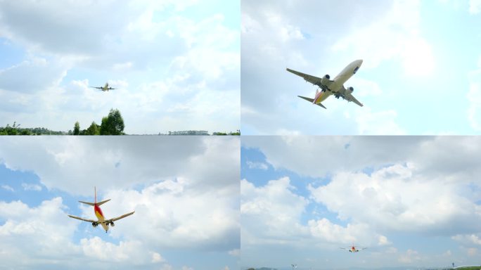 客机飞机低空飞行从头顶飞过降落机场