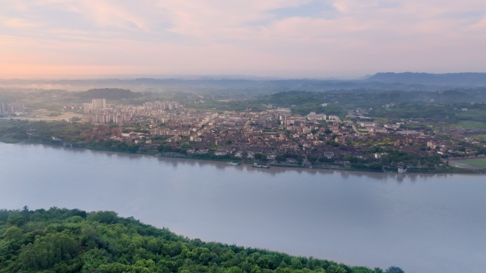 航拍宜宾李庄古镇水天一色江景风光朝阳夕阳