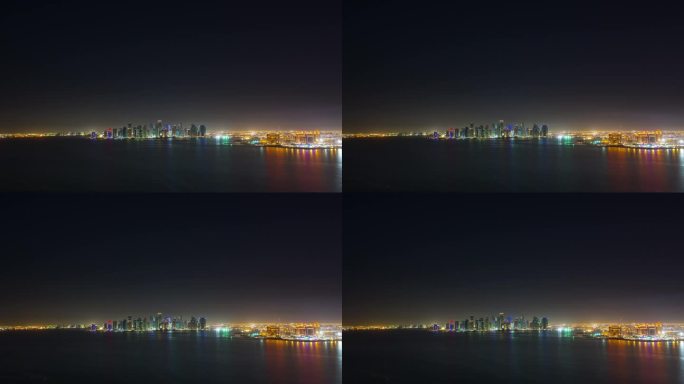 多哈，卡塔尔 - 2024年10月25日：夜晚的多哈天际线，城市灯光照亮海滨，展现出充满活力的城市景