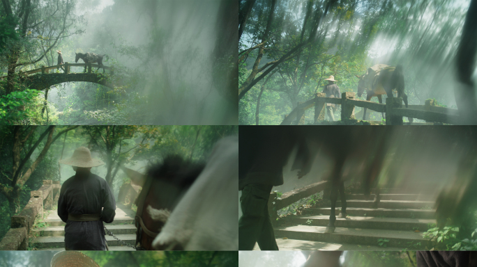 5K 古风古装牵马过桥 茶马古道写意素材
