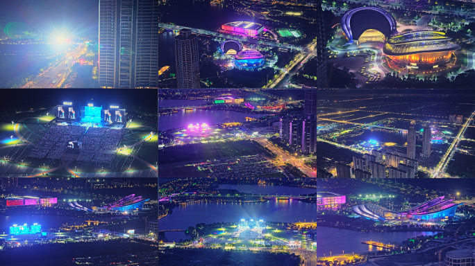 航拍启东蝶湖音乐盛典城市夜景