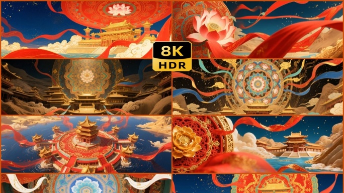 国风 敦煌 仙宫 建筑 楼阁祥云庆典红绸