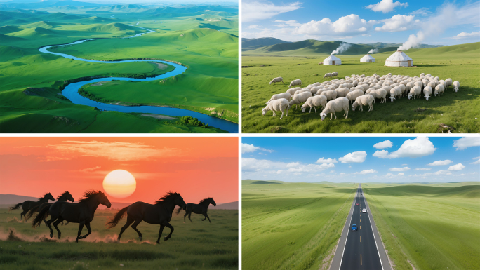 大草原航拍草地草原美景草原日出蓝天白云