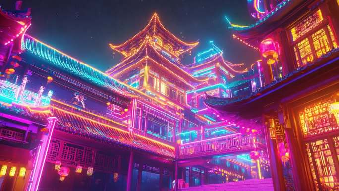 赛博朋克中国古建筑 赛博国风