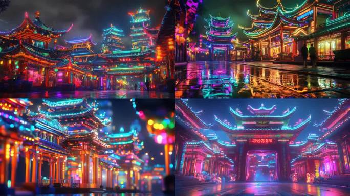 赛博朋克中国古建筑 赛博国风