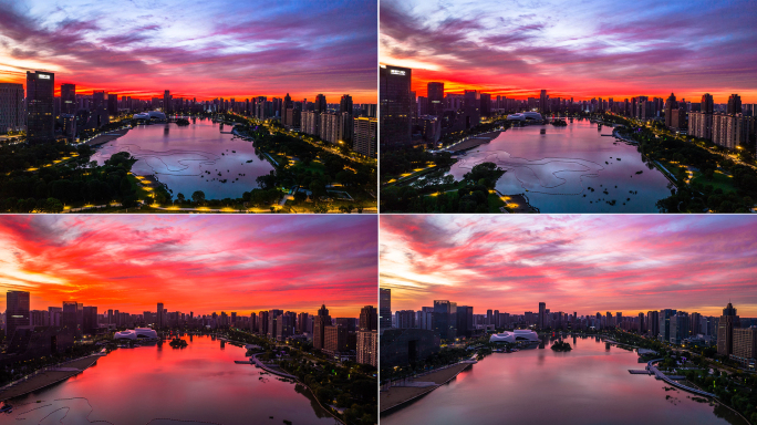 下沙金沙湖日出航拍延时