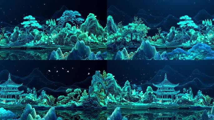 宽屏唯美梦幻粒子光线青绿色山水画背景视频