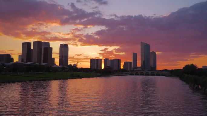 北京通州大运河城市天际线日落景观延时