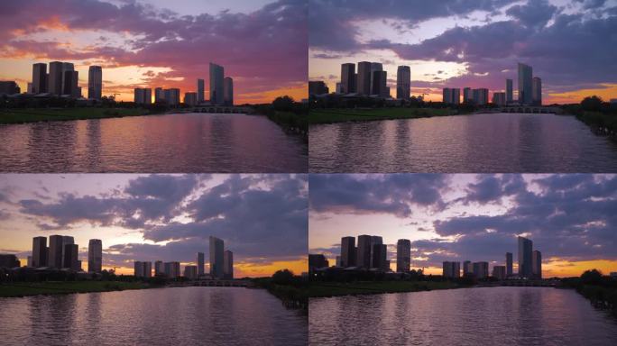 北京通州大运河城市天际线日落景观延时