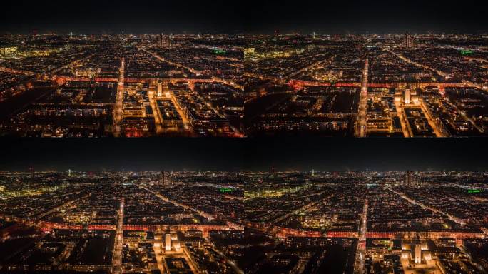 德国科隆夜景航拍，生机勃勃的城市风光，灯光璀璨的街道和建筑。
