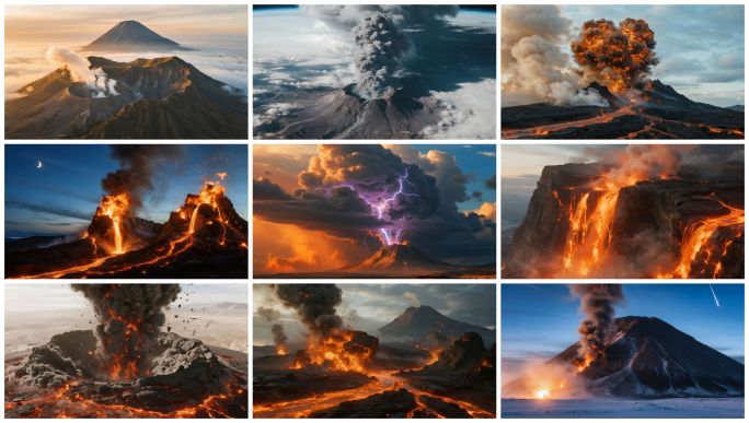 火山喷发全流程火山爆发火山岩浆流动 熔岩
