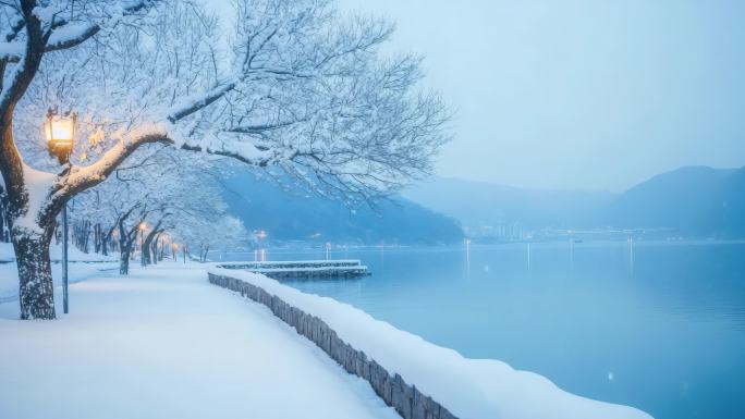 湖边雪景冬日风景