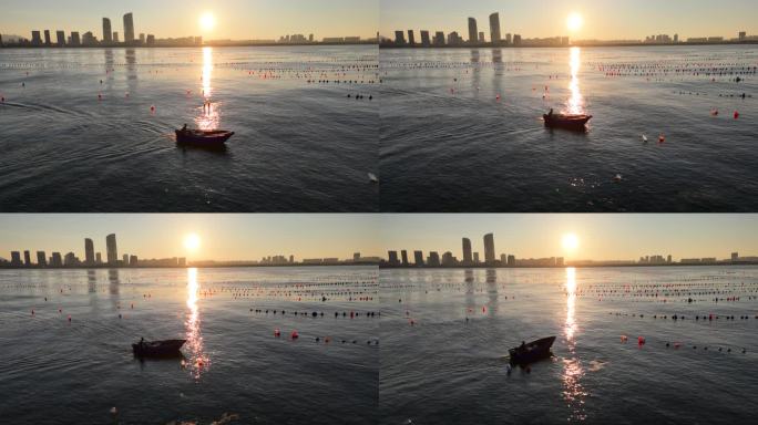 夕阳下出海打鱼的渔民