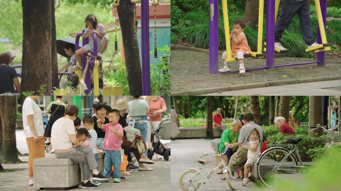 老年人带小孩素材 小孩在广场健身器材上玩