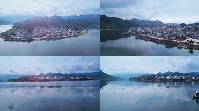 航拍安徽省黄山市歙县新安江漳潭村山水画廊
