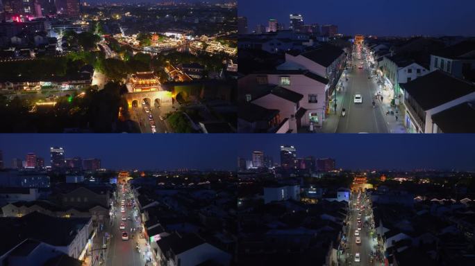 苏州古城夜景航拍 阊门夜景4k