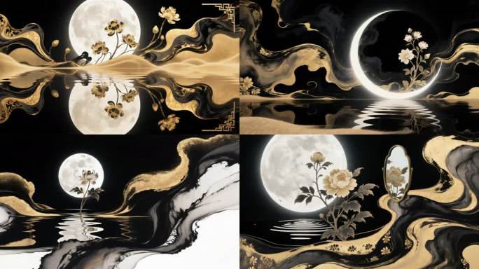 金色墨韵月光花影