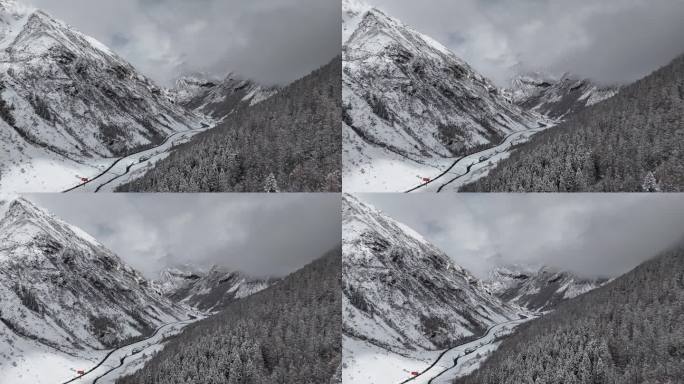 冬季雪山森林景观理小路大二普阿坝理县航拍