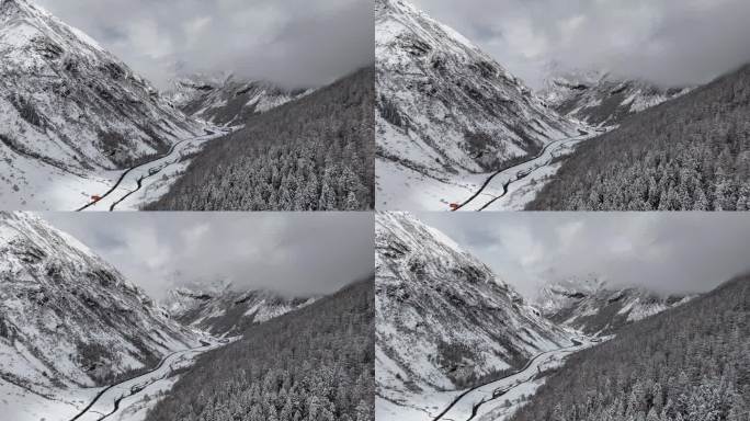 雪山峡谷云雾缭绕理小路大二普阿坝理县航拍