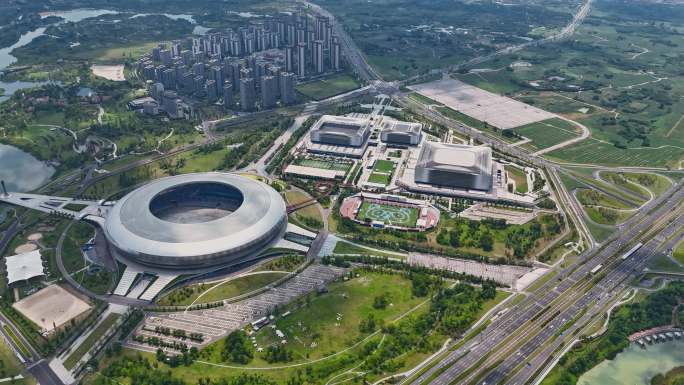 成都龙泉驿东安湖体育馆延时航拍摄影