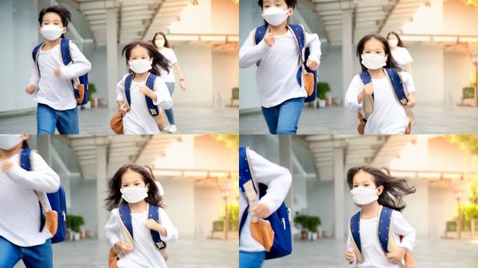 疫情下学生奔跑上学 戴口罩的小学生