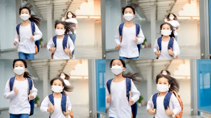 戴口罩的小孩奔跑上学 疫情下的校园生活