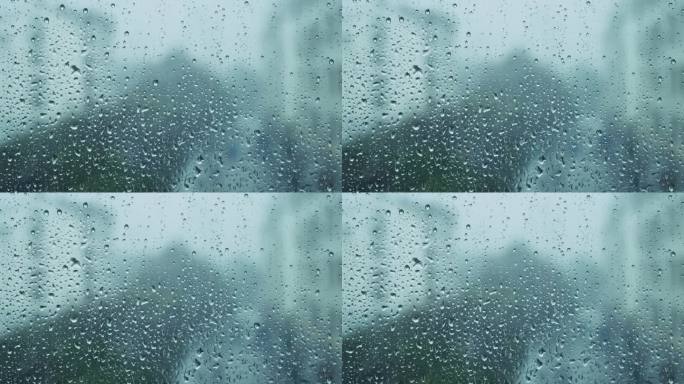 4K可商用阴冷下雨天玻璃流动水珠带原声