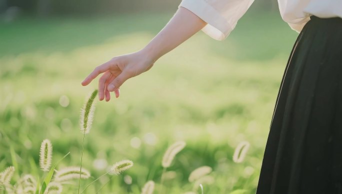 女生手拂过狗尾巴草