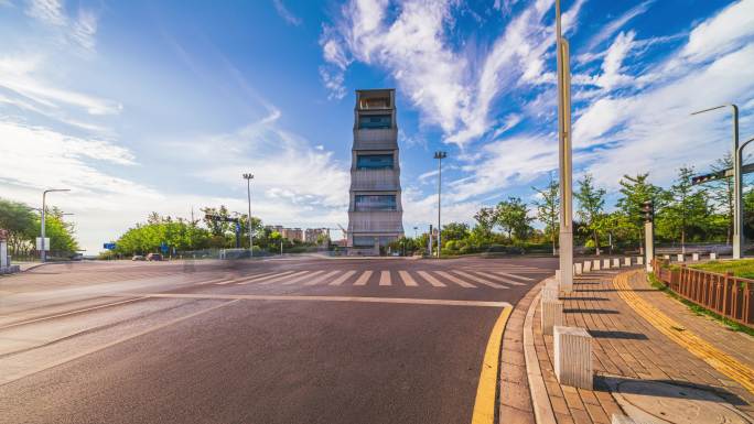 城市道路与现代建筑景观揽月阁大范围延时