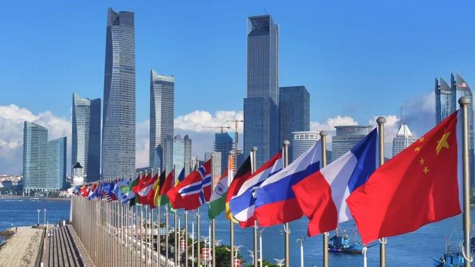 各国国旗飘扬联合国一带一路世界格局全球化