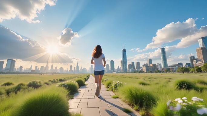 女孩自由奔跑的背影活力女性的户外运动
