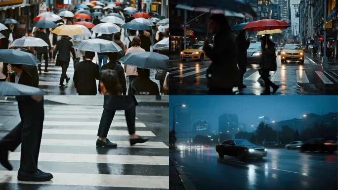 下雨城市行人暴雨大雨雨夜雨景ai素材原创
