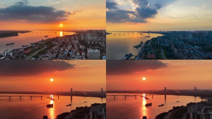 荆州沙市荆江大堤长江夕阳航拍