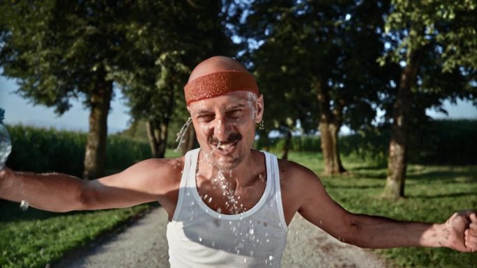 高加索男性运动员穿着复古服装，在风景优美的小路上愉快地用水瓶降温。