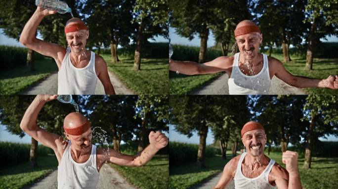 高加索男性运动员穿着复古服装，在风景优美的小路上愉快地用水瓶降温。