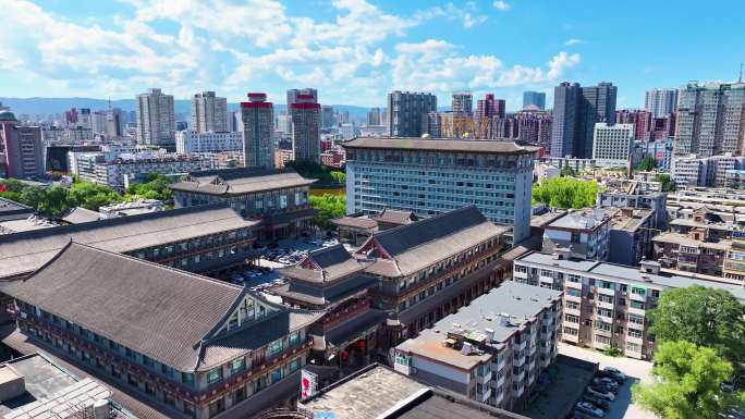 城市天际线与古建筑群鸟瞰 山西饭店