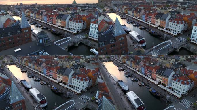 哥本哈根丹麦历史悠久的Nyhavn海滨的鸟瞰图