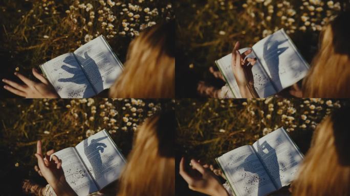 阳光明媚的田野中，女人手的影子投射在翻开的书页上。